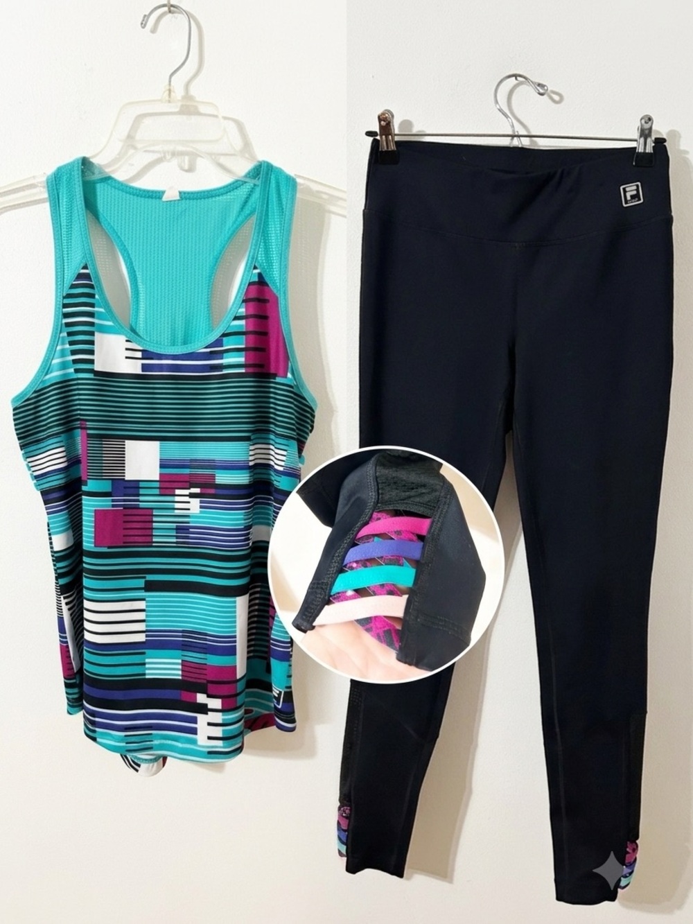 FILA Sport Women’s Size S Workout Set – Teal Geometric Racerback Tank & Leggings